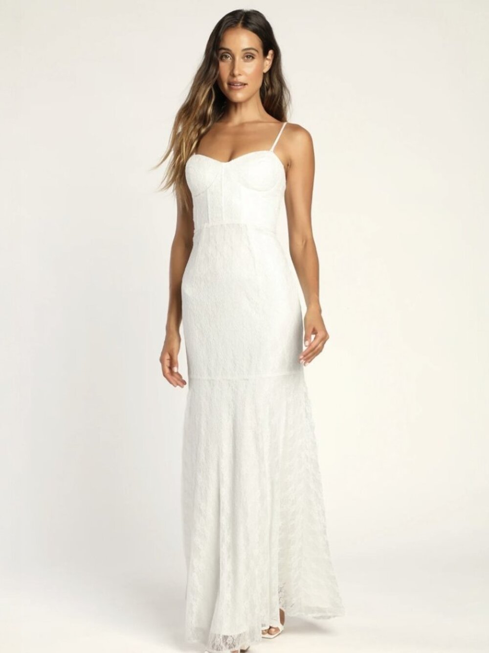 Lulus A Vow to Love White Lace Bustier Trumpet Maxi Dress NWT